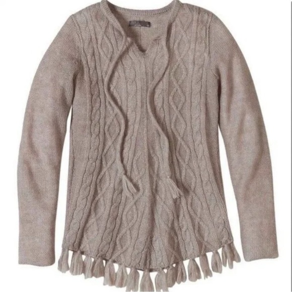 Prana Shelby Gray Cable Knit Fringe Wool Blend Sweater Tie Poncho Soft Small - Picture 5 of 10